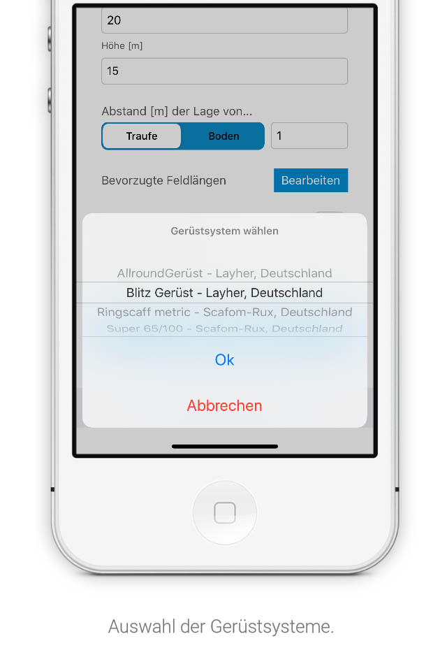 Auswahl der Gerüstsysteme in der Gerüstrechner App